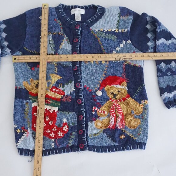Vintage Casual Corner Blue Teddy Bear Holiday Cardigan Festive Grandmacore L - Picture 3 of 10